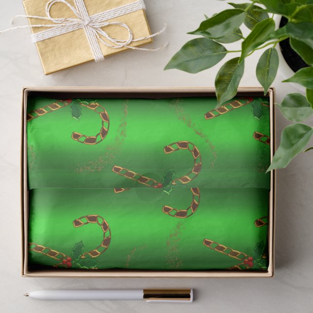 Papel De Seda Dourado Candy Canes e Holly no Natal Verde (Presente)