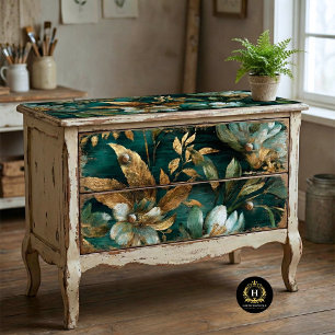Papel De Seda Dourado Esmeralda Floral Decoupagem Sem Costura