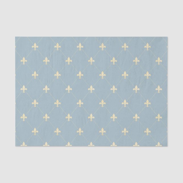 Papel De Seda Dourado Fleur-de-Lis no Azul-Dusky (Frente )
