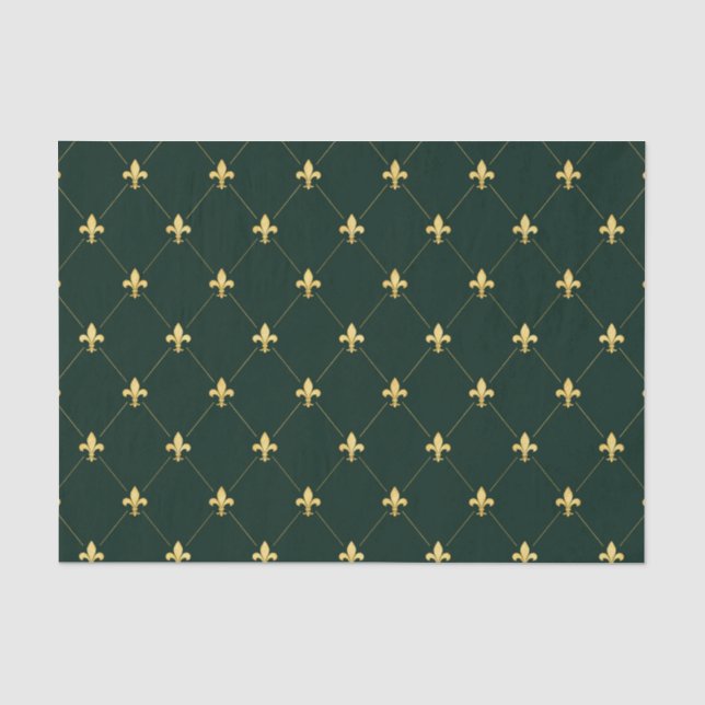Papel De Seda Dourado Fleur-de-Lis Verde Escuro (Frente )