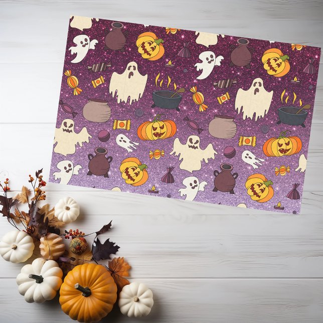 Papel De Seda Dourado Halloween Glitter Fantasma Padrão Roxo (Criador carregado)