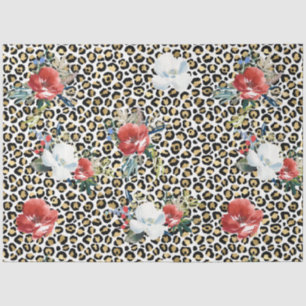 Papel De Seda Dourado Leopardo Impresso Vermelho Floral Branco