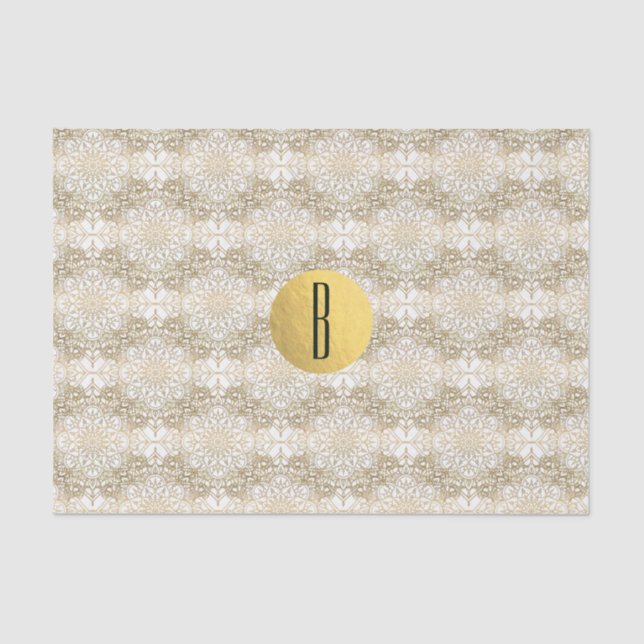 Papel De Seda Dourado Mandala e Monograma Chic Elegante Branco M (Frente )