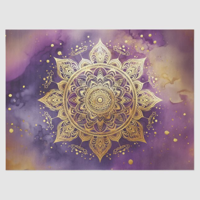 Papel De Seda Dourado Mandala na Decoupage Purple Watercolor (Frente )