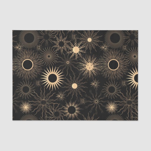 Papel De Seda Dourado sol estilizado sobre sol texturizado preto (Frente )