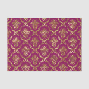 Papel De Seda Dourados Damascos Florais e Fundo Rosa Profundo Pe