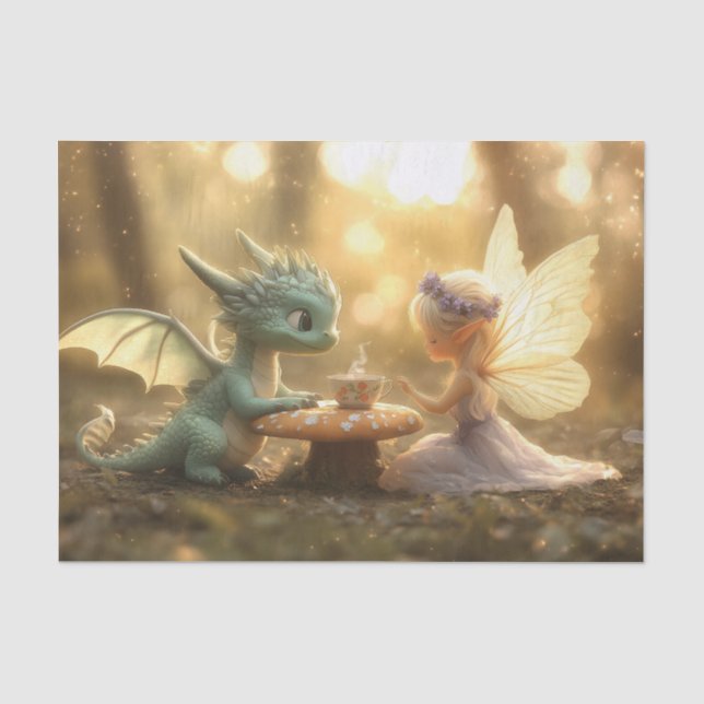 Papel De Seda Dragão-Bebê-Cute e Fada Apreciando Chá (Frente )