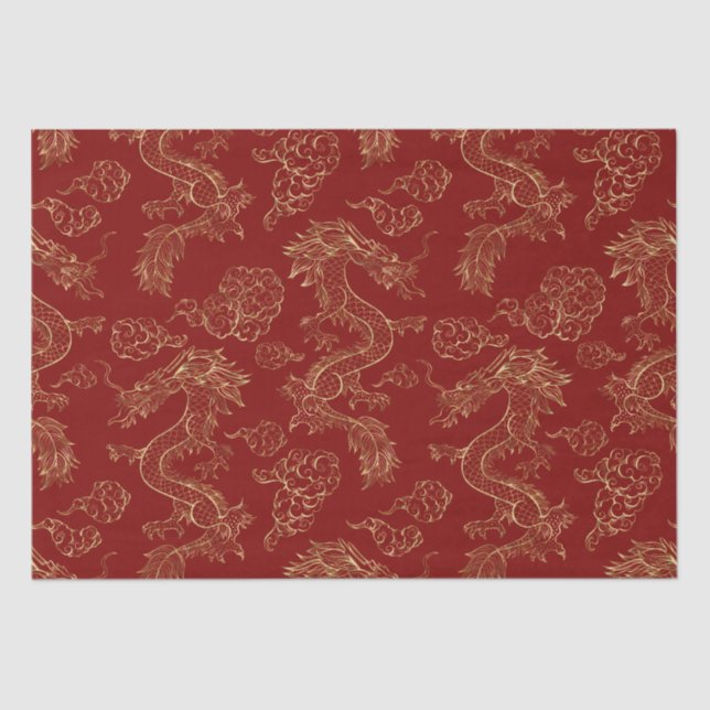 Papel De Seda Dragão chinês Dourado e vermelho escuro (Frente )