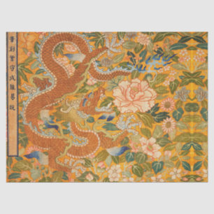 Papel De Seda DRAGÃO ENTRE PEONIAS, FLORES, FOLHAS VERDES Floral