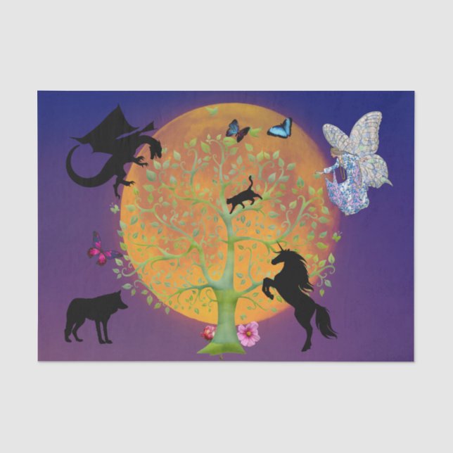 Papel De Seda Dragon Fairy Unicorn Fantasy Tree e Full Moon (Frente )