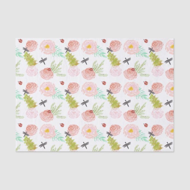 Papel De Seda Dragonflies Rosa Watercolor Garden (Frente )