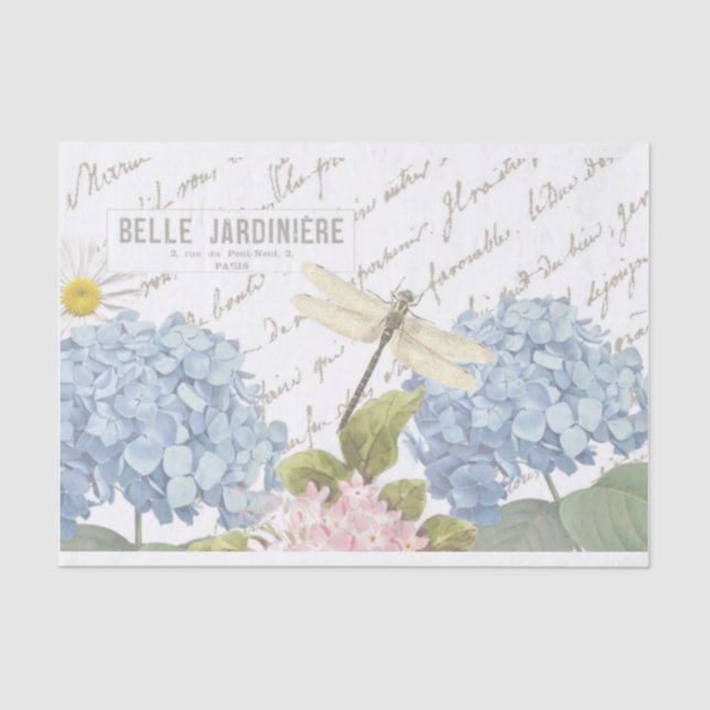 Papel De Seda Dragonfly Script French Blue Pink Hydrangea Flower (Frente )
