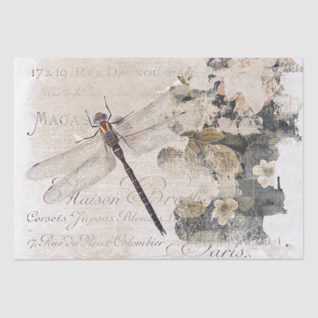 Papel De Seda Dragonfly Script French Shabby Floral Decoupage (Frente )