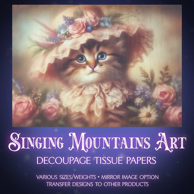 Papel De Seda Dreamy Victorian Cat in Floral Hat Decoupage (Criador carregado)