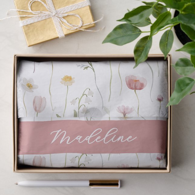 Papel De Seda Dusty Pink Wildflower Watercolor Monogram (Presente)