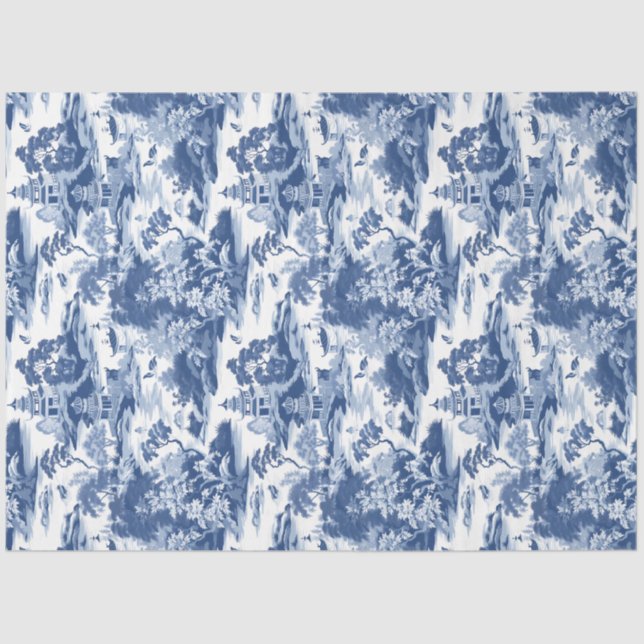 Papel De Seda Edifícios de Chinoiserie china, marinho azul, Vint (Frente )