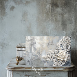Papel De Seda Efeito de Renda Off White, Fundo com Pátina Prata