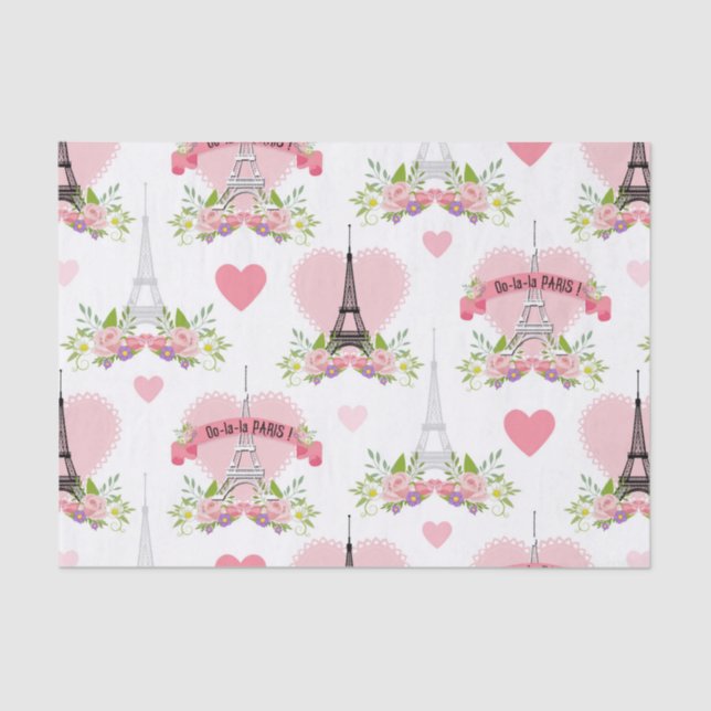 Papel De Seda Eiffel Tower Flowers Pink Hearts Paris French (Frente )