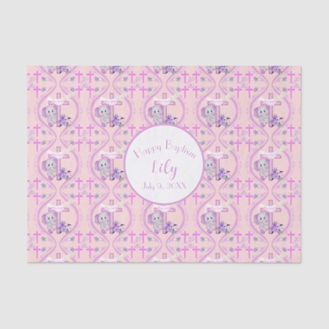 Papel De Seda Elefante Bebê Rosa Com Dove E Batismo Cruzado (Frente )