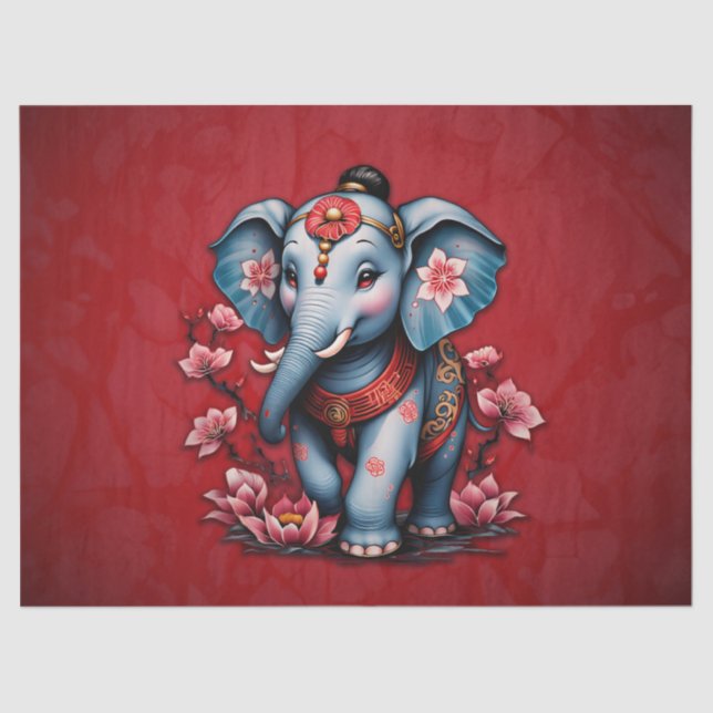 Papel De Seda Elefante majestoso no estilo tradicional japonês. (Frente )