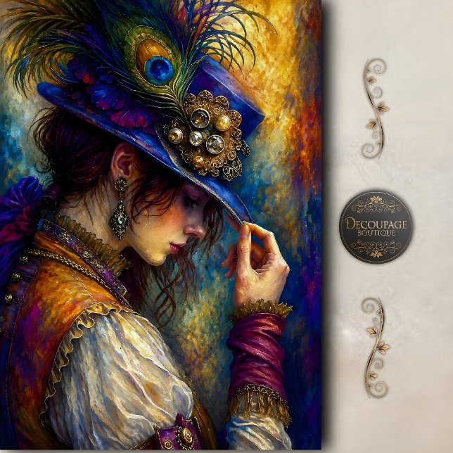 Papel De Seda Elegância de Mulher com Chapéu de Pavão Decoupage (Peacock Hat Elegance Woman Decoupage Tissue Paper)