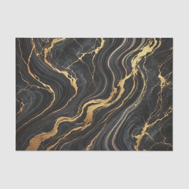 Papel De Seda Elegância Preto e Dourado com Visual de Mármore (Frente )