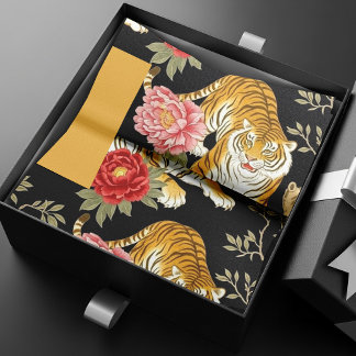 Papel De Seda Elegant Black Chinoiserie Tiger and Peony Pattern
