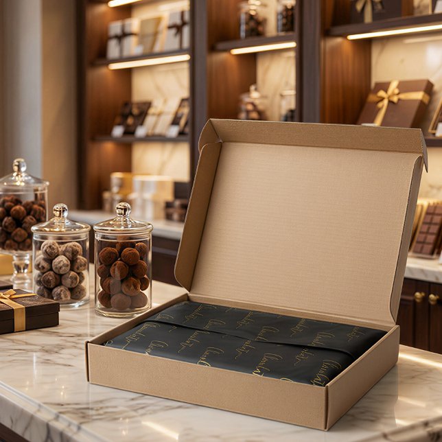 Papel De Seda Elegant Black Gold Script Chocolatier Qr Code (Criador carregado)