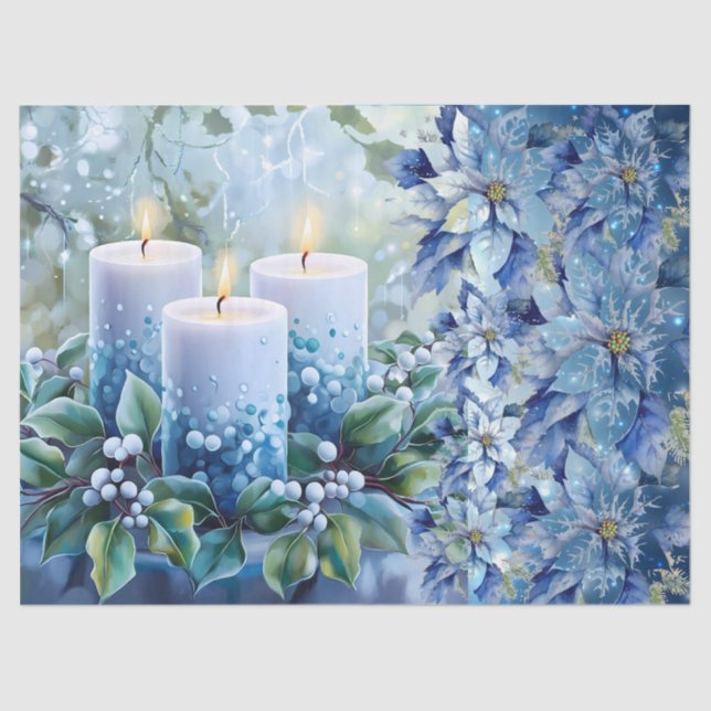 Papel De Seda Elegant Blue Christmas Floral Candles Decoupage (Frente )