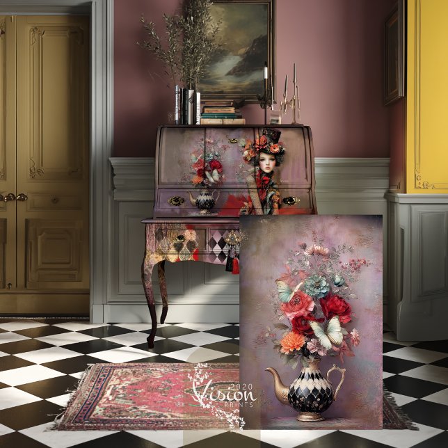 Papel De Seda Elegant Hatter Harlequin Teapot Floral (Decoupage sheet leaning against vintage secretary desk on checkerboard floor with pink Persian rug)