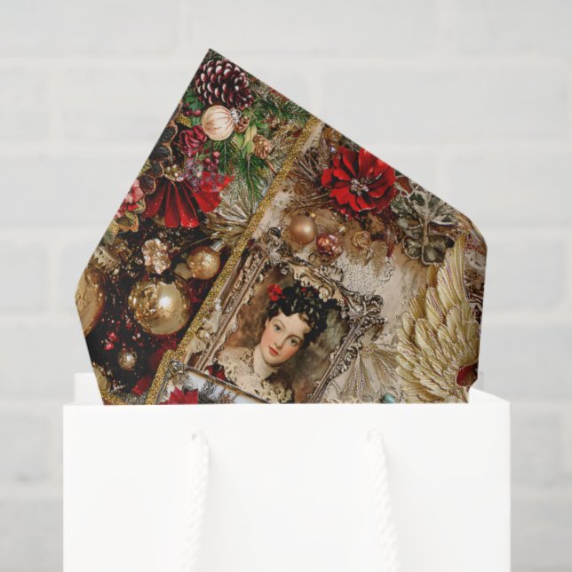 Papel De Seda Elegant Ivory and Red Victorian Christmas Collage (Sacola de presentes)