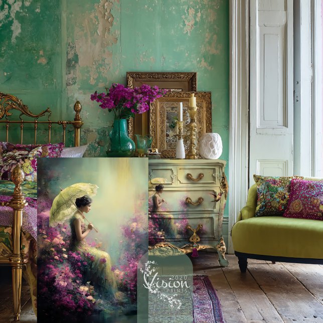 Papel De Seda Elegant Lady & Parasol sitting, Ethereal Floral  (Elegant Woman and a Parasol, Vibrant, Ethereal Floral, Portrait Art Decoupage Tissue Paper.)