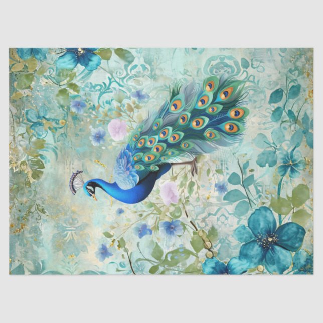 Papel De Seda Elegant Peacock Distressed Blue Floral (Frente )