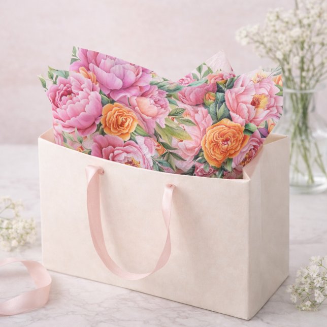 Papel De Seda Elegant Pink & Orange Peonies Floral Tissue Paper (Criador carregado)