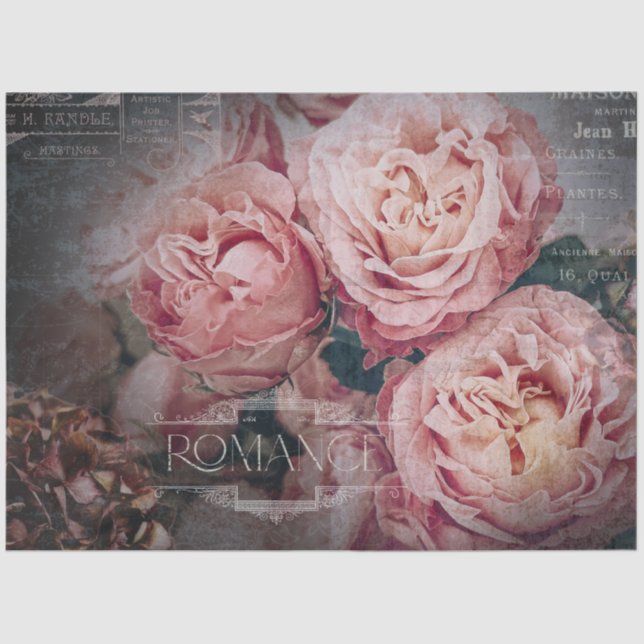 Papel De Seda Elegant Pink Rose Flowers Moody Ephemera Decoupage (Frente )