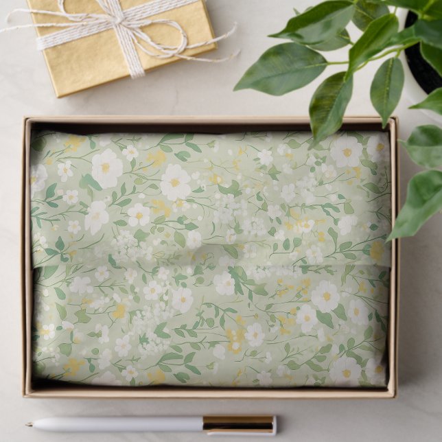 Papel De Seda Elegant White & Green Botanical Floral (Criador carregado)