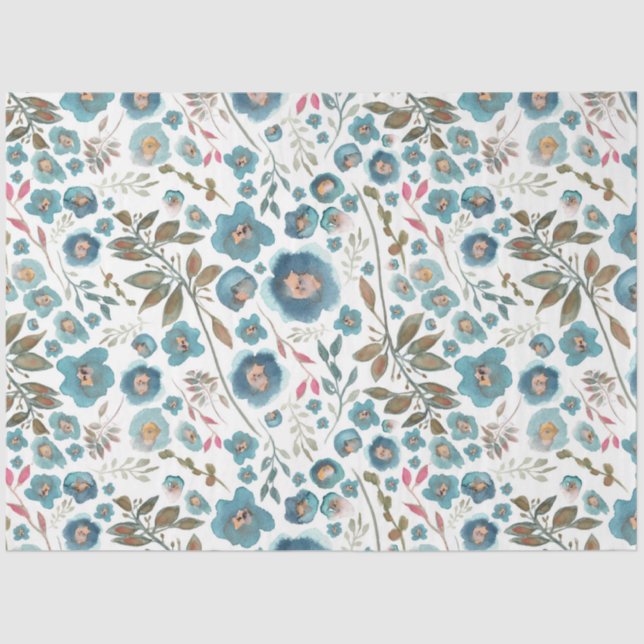 Papel De Seda Elegante Aquarela Azul Floral Castanho (Frente )