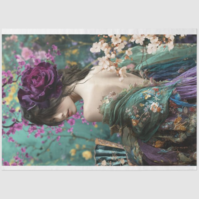 Papel De Seda Elegante Boho, Arte Retrato Floral e Costas da Mul (Frente )