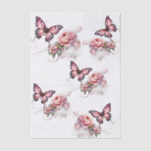 Papel De Seda Elegante Borboletas Florais Rosa Decoupage Vintage