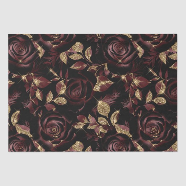 Papel De Seda Elegante Borgonha Vermelha e Dourado Padrão Floral (Frente )