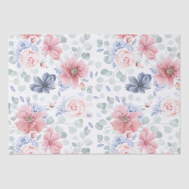 Papel De Seda Elegante Botânico Floral Azul Dusty Rosa e Dusty (Frente )