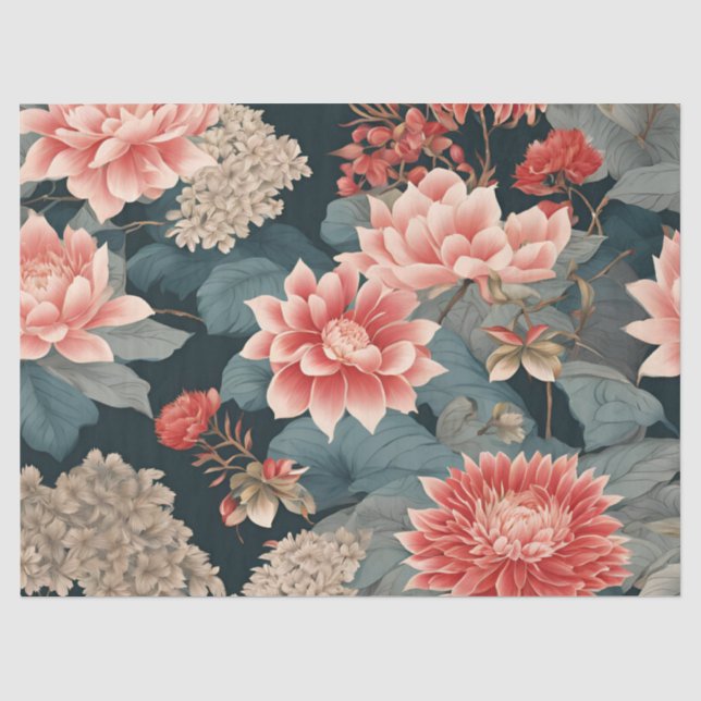 Papel De Seda Elegante Chinoiserie Florals Teal Peach (Frente )