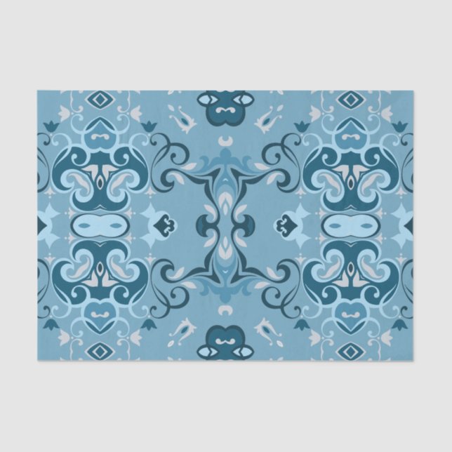 Papel De Seda Elegante Damask Frosty Blue Winter Mosaic Patterno (Frente )