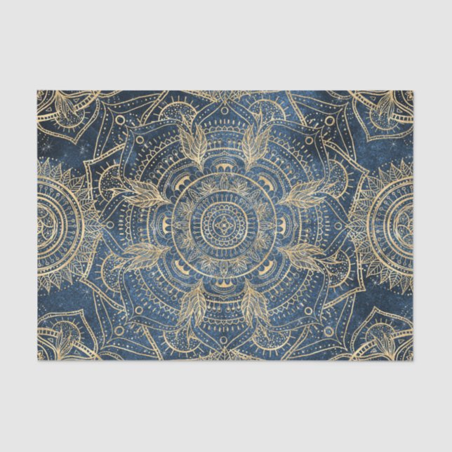Papel De Seda Elegante Dourado Mandala Blue Whimsy Design (Frente )