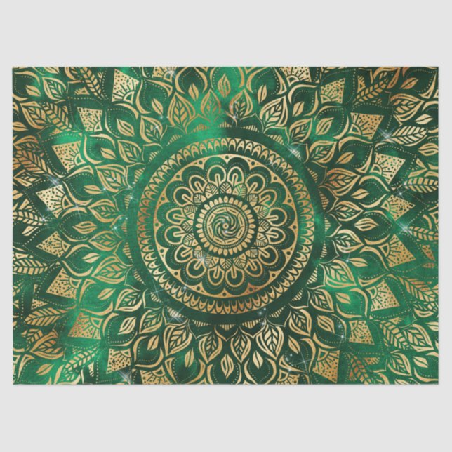 Papel De Seda Elegante Dourado Mandala Floral Verde (Frente )