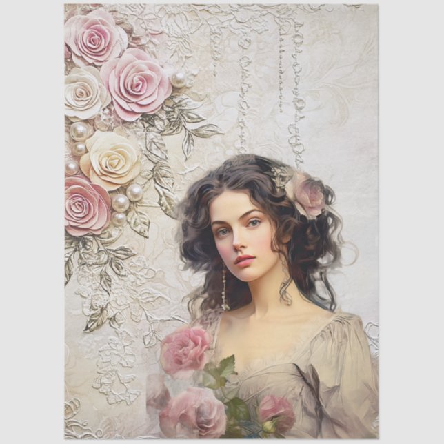 Papel De Seda Elegante Era Vitoriana Senhora Rosa Rosas e rendas (Frente )