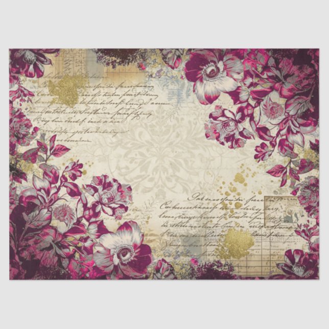 Papel De Seda Elegante Estampa Floral Magenta Antiga Decoupage (Frente )