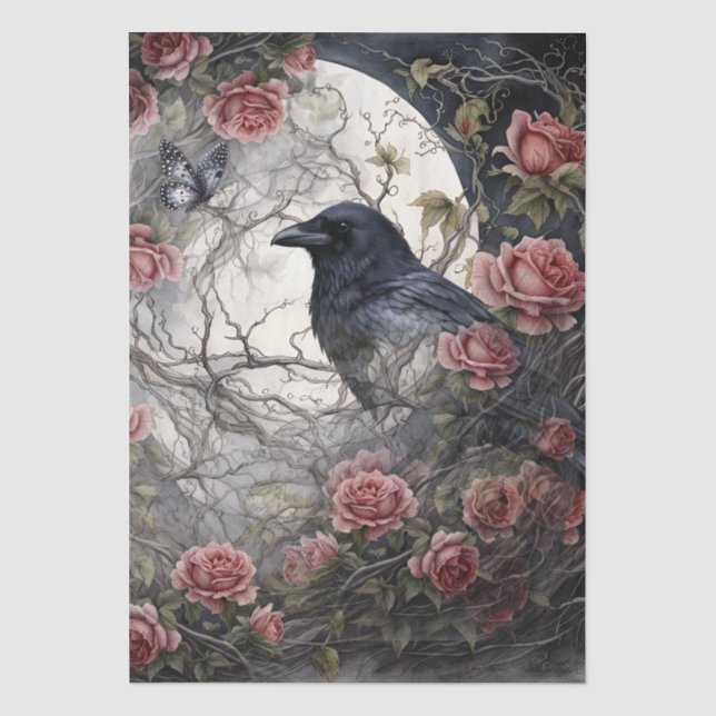Papel De Seda Elegante Fantasia Lua, Corvo & Rosa Rosa Decoupage (Frente )