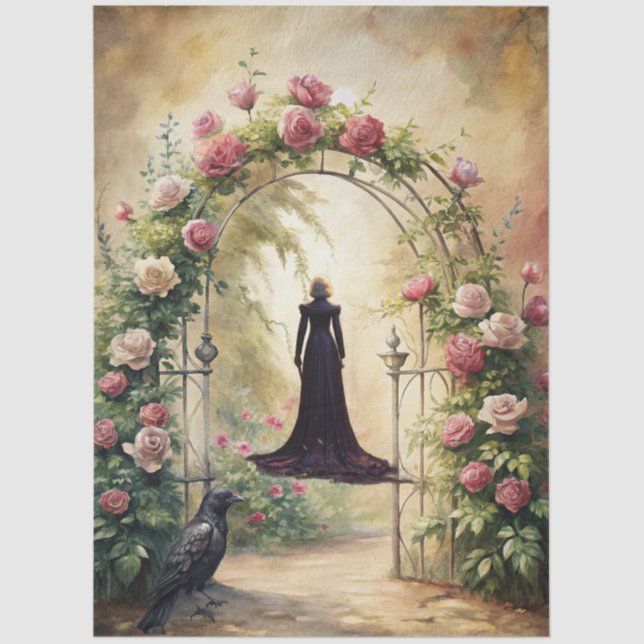 Papel De Seda Elegante Fantasy Woman & Raven French Florals (Frente )