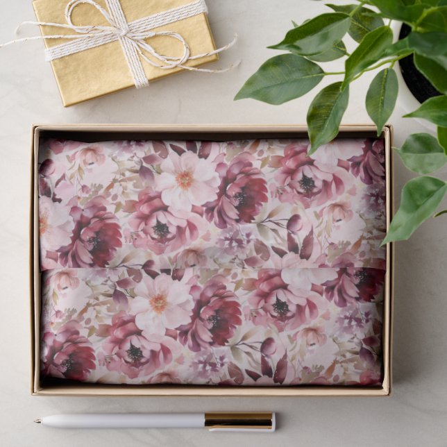 Papel De Seda Elegante Floral Rosa Borgonha (Presente)